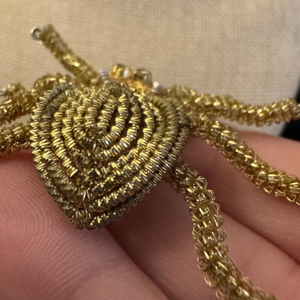 Gold-Tone Handmade Wire Spider Brooch With Rhinestone Accents - Picture 5 of 14